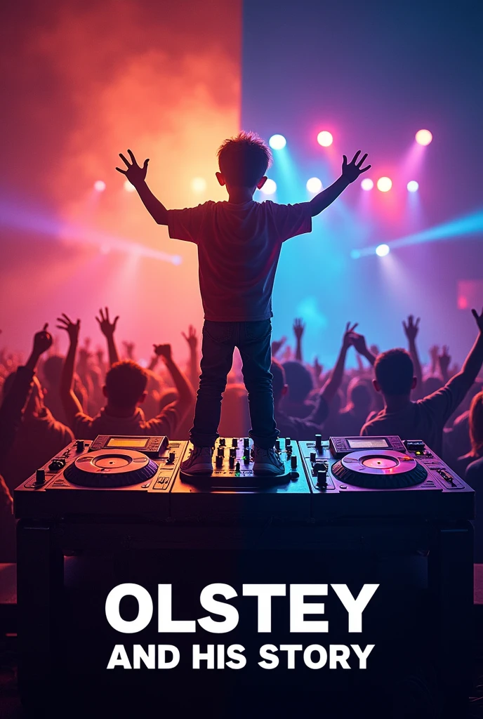 A movie cover in which the title is :”Olstey and his story”, And this is a child with a DJ equipment on a table but standing on that same table, the same child now in an adult version raising his hands to an audience that is in front of him watching him.