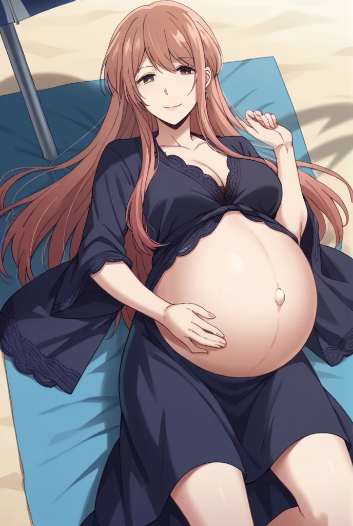 score_9, score_8_up, score_7_up, source_anime,
akaneminagawa, akane minagawa, long hair, bangs, brown hair, brown eyes,
lace robe, maternity robe, skirt, Heels, big belly, Beach, background, rubing belly, smile,
looking at viewer, cowboy shot, solo, pregnant, possing, Lying down,Navel, earrings,