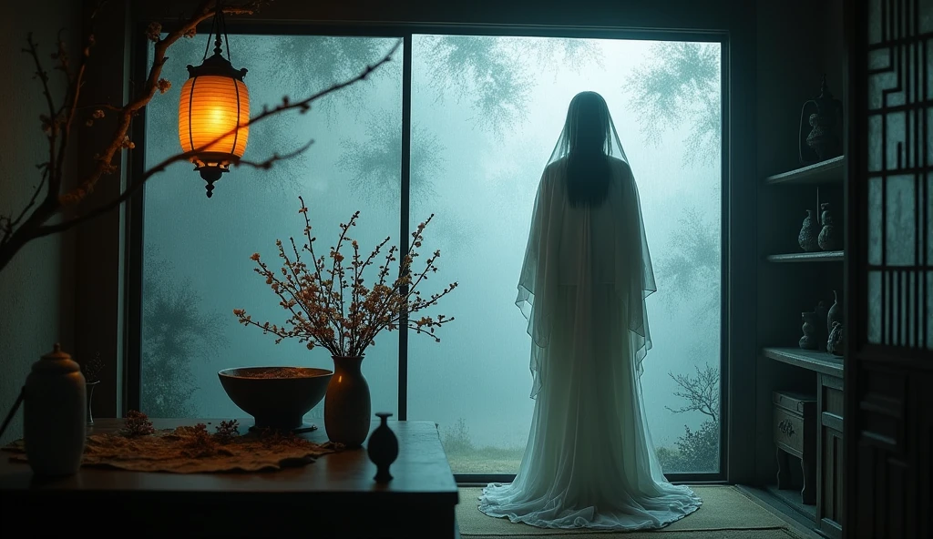 Female ghost seen through frosted glass Japan Scary interior