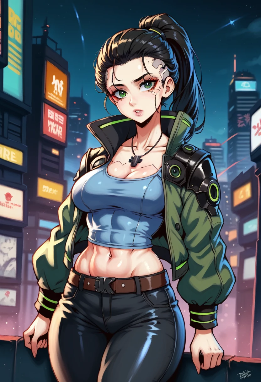 (masterpiece, Best quality, 8 K, Sharp Focus, depth of field, BEST SHADOWS, Perfect light, HDR, realistic skin texture, hyper detailed background), anime style, Long angle, ((Cyberpunk Theme)), One, 1 woman, She's a mercenary, (green eyes, White skin, black hair with a ponytail, necklace, , slim, draw up, Eyeliner, Shine), She works in a futuristic Korean city, hold Technokatana with a strong grip, night, sky, Waning Moon, wear a nice technical jacket and leather pants.