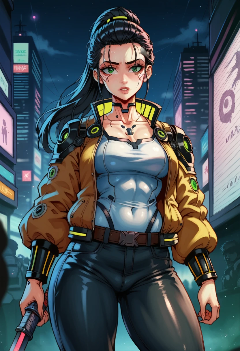 (masterpiece, Best quality, 8 K, Sharp Focus, depth of field, BEST SHADOWS, Perfect light, HDR, realistic skin texture, hyper detailed background), anime style, Long angle, ((Cyberpunk Theme)), One, 1 woman, She's a mercenary, (green eyes, White skin, black hair with a ponytail, necklace, , slim, draw up, Eyeliner, Shine), She works in a futuristic Korean city, hold Technokatana with a strong grip, night, sky, Waning Moon, wear a nice technical jacket and leather pants.