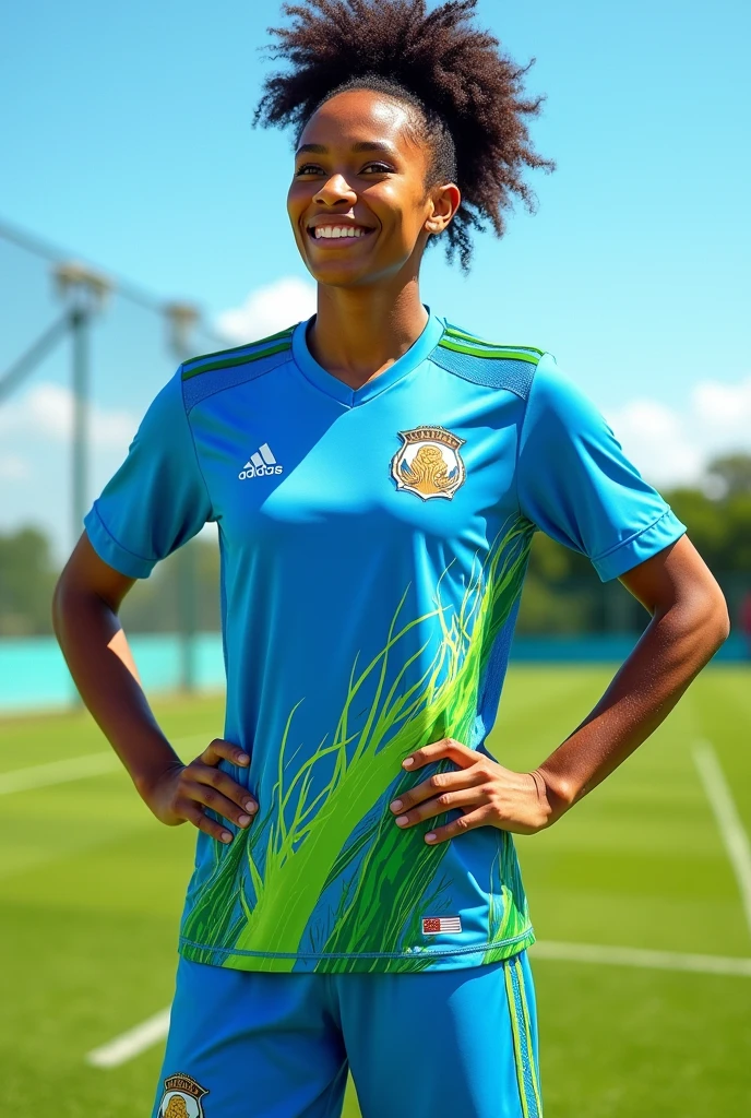 Soccer uniform with blue and green colors , with symbols of the sea and the grass 
