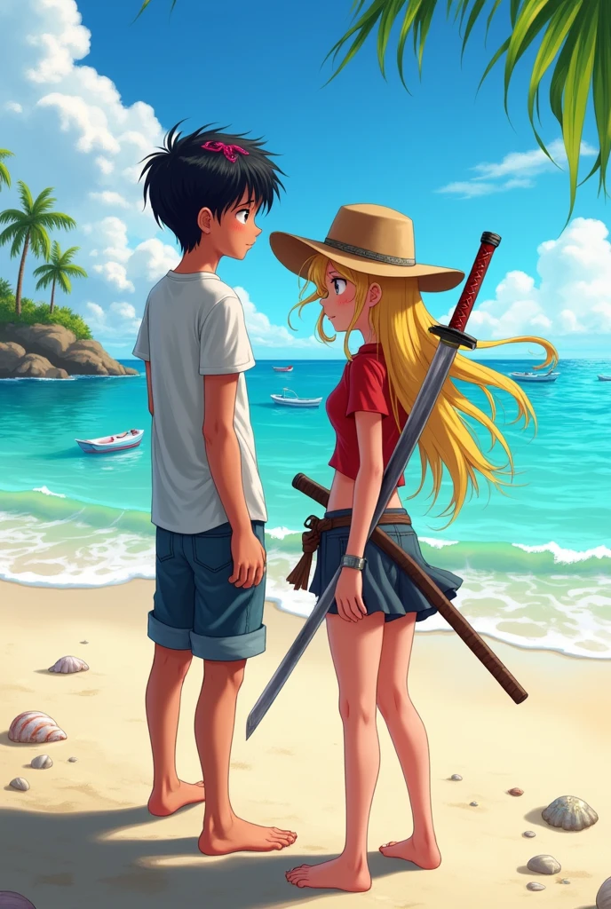 Make an image of 2 agers, one with black hair and red strands, approximately 19 years old. another 18 year old blond teen. a girl of approximately with a sheriff's hat and a katana on her back seeing a beach and a boat on it