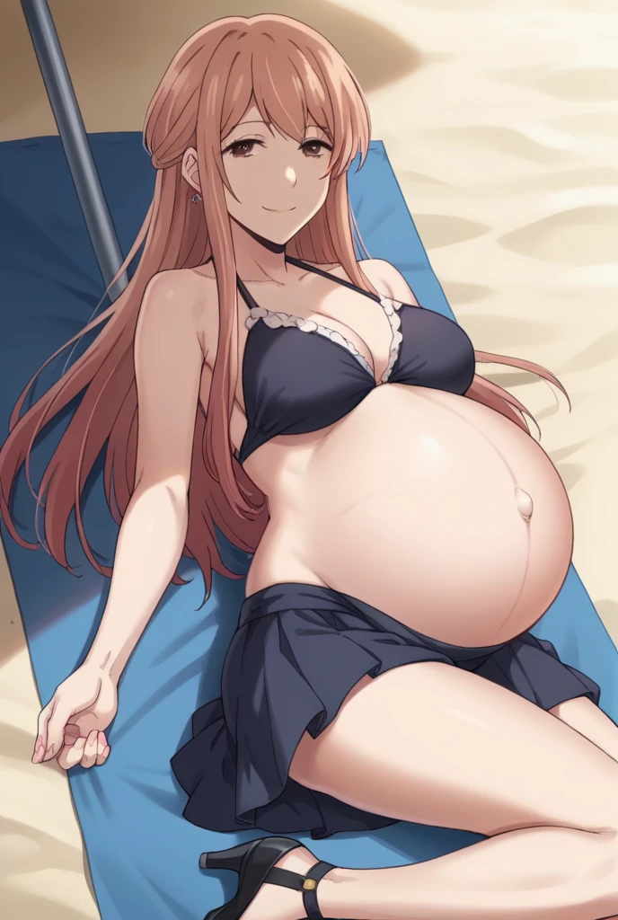 score_9, score_8_up, score_7_up, source_anime,
akaneminagawa, akane minagawa, long hair, bangs, brown hair, brown eyes, bikini, skirt, Heels, big belly, Beach, background, rubing belly, smile,
looking at viewer, cowboy shot, solo, pregnant, possing, Lying down,Navel, earrings,