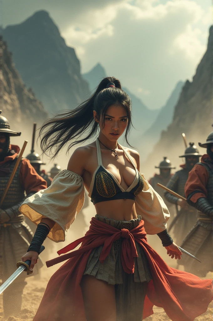 (photorealistic :1.4), eido area battlefields, a female ronin wearing halter top, short kimono, ponytail, holding a katana posing in dynamic actions in the middle of warriors.