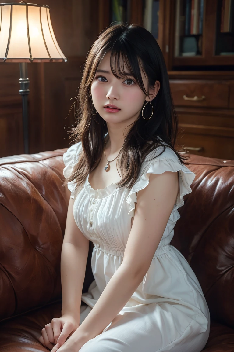 (Highest quality:1.4),(masterpiece:1.4),(Realistic:1.4),(Realistic:1.2),(超High resolution, RAW Photos:1.4),(High resolution, Ultra-detailed:1.2),(8k:1.2),View your viewers,Cinematic photography,One person,skeletally correct,Black-haired woman,Woman in her early 20s,(Small earrings,necklace,Ruffled frill collar dress),(Western-style building interior,Dimly lit room,The lamplight shines on my cheeks,Sit on the sofa)