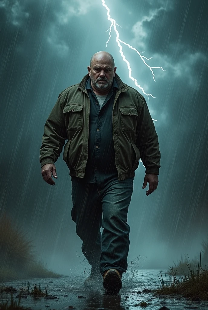 Generates a very strong, slightly fat, bald man walking in a storm with his back turned