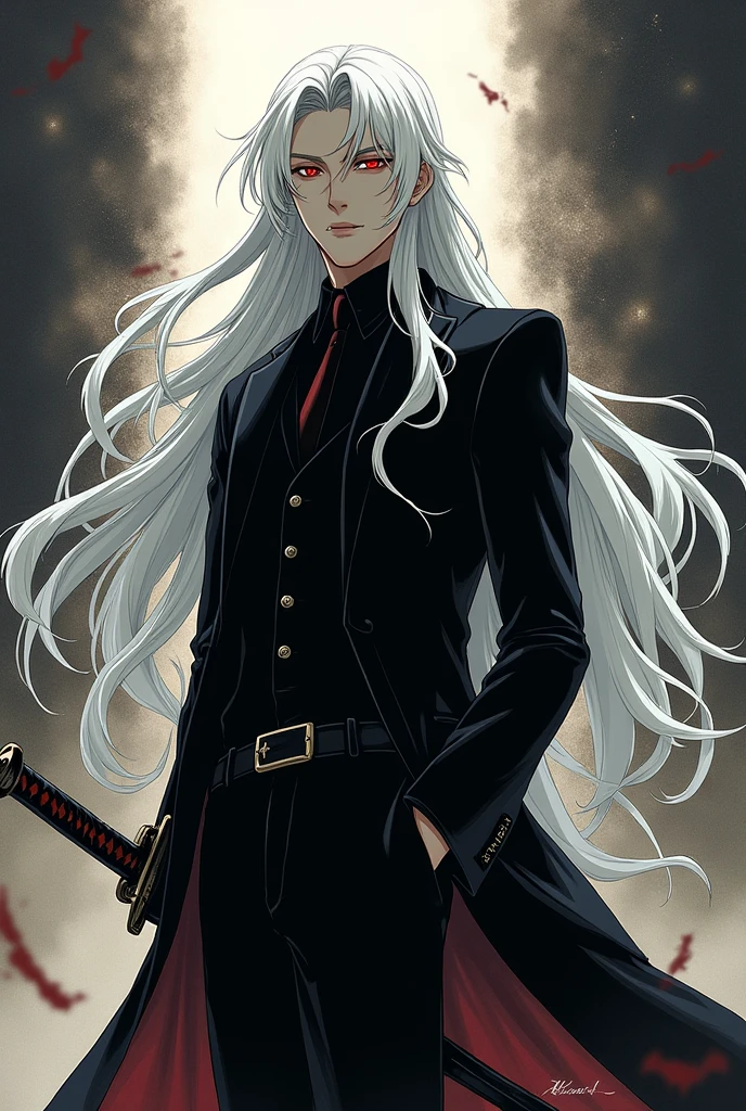 (Manhwa:3:2) Manhwa Cover, Text I Died and Reincarnated as a Shinigami, White Long Hair, Red Eyes, Man, Black Suit, Katana on Hip,