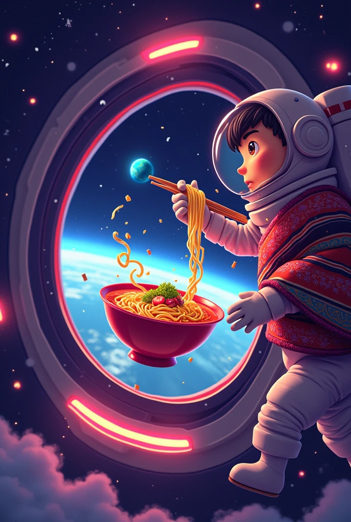 Mexican astronaut sitting in the cabin of a spaceship with a view of outer space towards the earth surprised by a bowl of ramen floating in zero gravity fantasy style