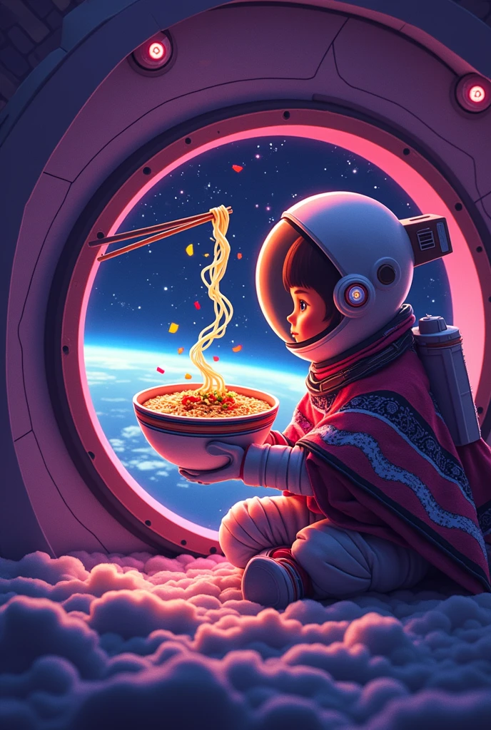 Mexican astronaut sitting in the cabin of a spaceship with a view of outer space towards the earth surprised by a bowl of ramen floating in zero gravity fantasy style