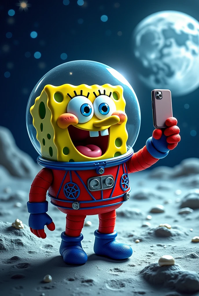"Create an image of Sponge bob taking a selfie on the moon. The background should feature a bright, full moon surrounded by stars and planets. Sponge bob suit is the classic red and blue with black webbing patterns, and he is facing the camera with a serious expression. The image should capture the feel of being in outer space, with a mix of realistic and slightly stylized elements."