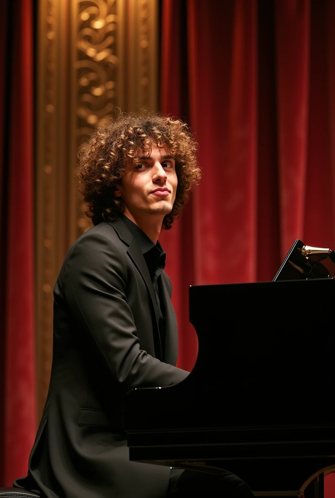 A male pianist with curly hair, send a kiss