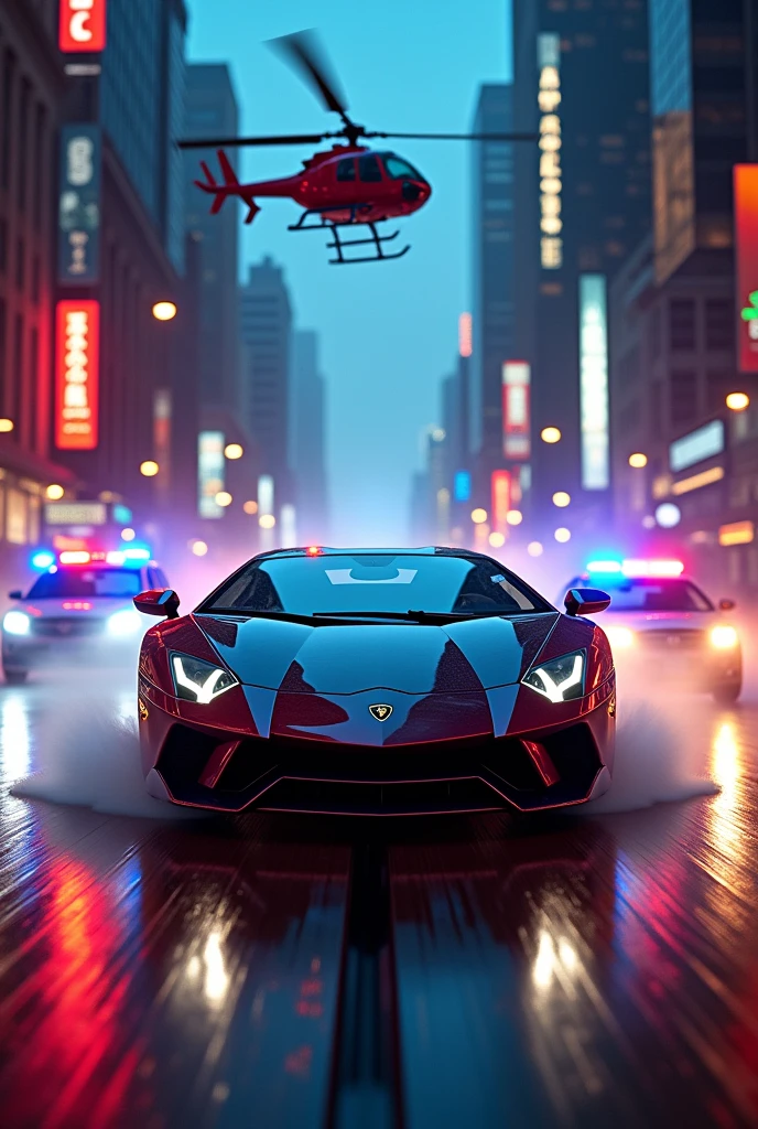 high speed chase of a lamboghini aventador racer and  against police cars and a helicopter in the sky , (detailed stunning environment), cinematic, cover art, (low front angle), intricate, highly detailed, smooth, sharp focus, cinematic lighting, atmospheric, photoreal, 8k, Canon EF 200-400mm f/4L IS USM Extender 1. 4x Lens, stan Winston studio