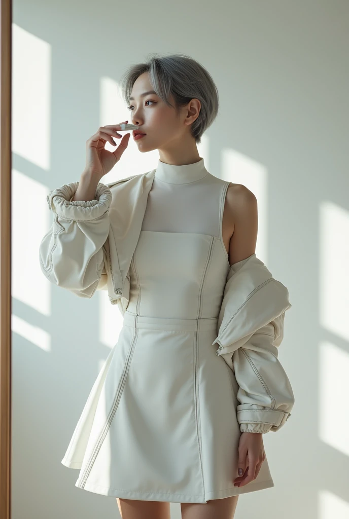 highly detailed, beautiful, hyper Realistic girl, masterpiece, best quality, Japanese sexy gravure woman, 28 years old, identity hidden, takes a selfie in her room using a smartphone in front of a mirror with one hand, One arm raised,She covers her mouth with one hand, looking away from the camera, /// gray short hair, light color eyes, Realistic skin, Detailed face, /// Design a futuristic fall fashion ensemble centered on white, keeping in line with minimalist aesthetics. The outfit should include a white, form-fitting turtleneck with metallic accents and asymmetrical sleeves, paired with a high-waisted, white A-line skirt made from a tech fabric that has a slight sheen. Layer with a structured, short white jacket featuring angular shoulder pads and reflective panels. Complete the look with white ankle boots that have a metallic finish and a translucent, geometric bag. The overall vibe should exude a sleek, forward-thinking style that seamlessly blends modern minimalism with a touch of the future, /// Monotone simple modern taste single room, mirror, complicated background,