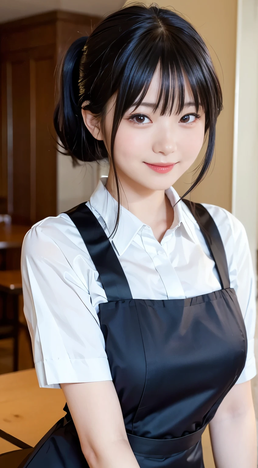 (Highest quality,masterpiece:1.3,Ultra-high resolution,),(Very detailed,Caustics),(Realistic:1.4,RAW shooting,)Ultra-Realistic Capture,Very detailed,High resolution 16K human skin closeup。 Natural skin texture、,pores、、、、It must be detailed enough to be easily identifiable。 Skin tone is even and healthy looking。 Use natural light and color,restaurant,Waitress Uniform,1 person,Japanese,18-year-old,cute,Black-haired,ponytail,Big Breasts,smile,Turn your body forward,(Front view:1.1),Looking into the camera,Cowboy Shot,