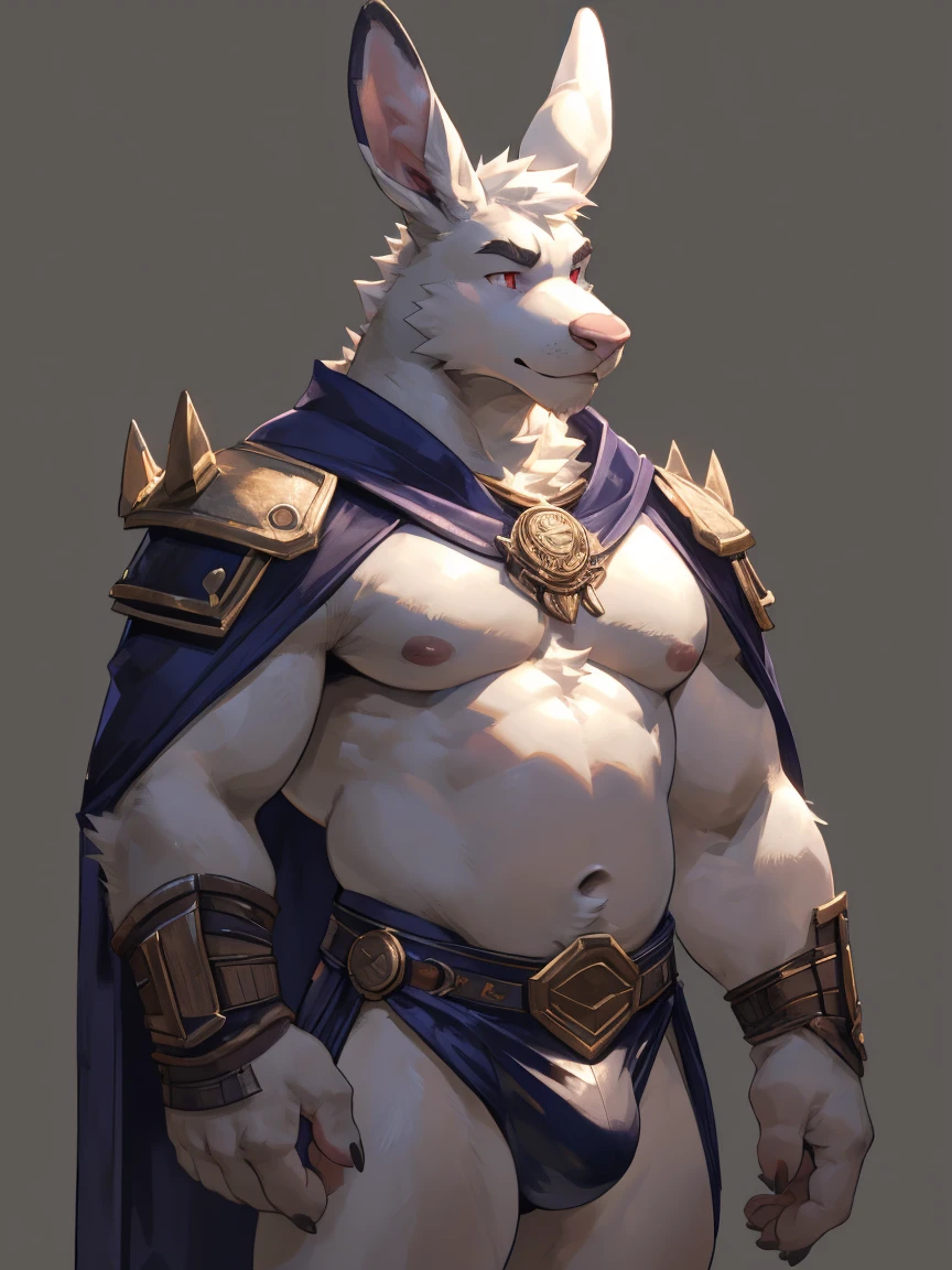 Solo, male, albino kangaroo, in one color tone, with tall rabbit ears, in black gladiator shoulder cape, navel showing, in tiny purple gladiator leather subligar, chest, big chest view, ((focus body, furry focus, shades focus, body shades)) (((gray background, gray wallpaper, one color))), by darkgem, by mystikfox61, by glitter trap boy, albino, all white fur, red eyes, pink nose, navel, bulge, full body view, kangaroo tail, small belly