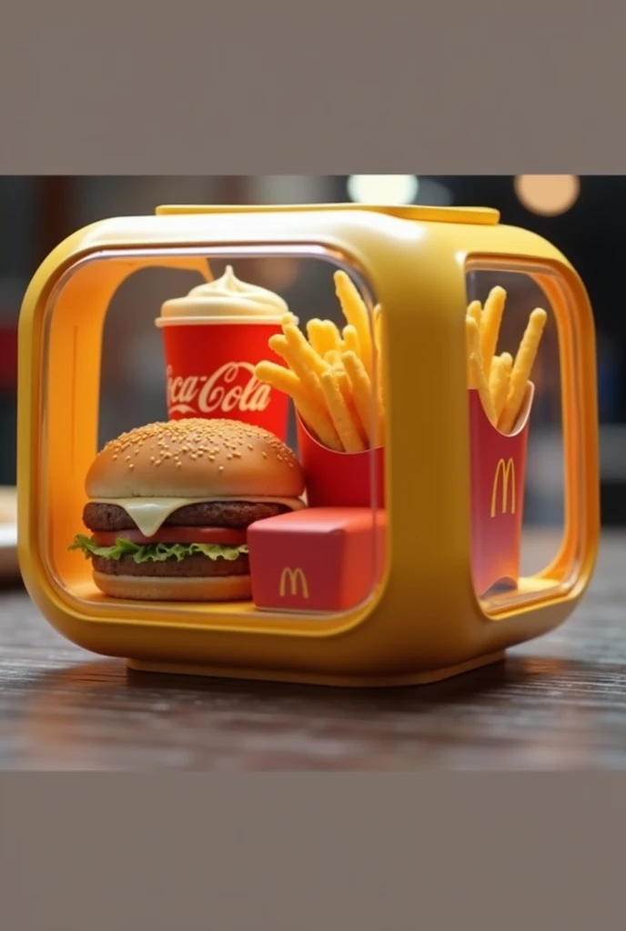 Créer moi une marque de nourriture qui s'appelle : Smart-food, ils proposent des nouritures de fast food livré dans une boite en plastique transparent, la boite edt un carré avec des bords arrondis et une ouverture,, la nourriture doit être Géométrique, avoir des formes carrés, comme un burger et des frited carrés, un coca cola carré et un McFlurry carré, a bord arrondis, toutes les nourritures sont rassembles dans un seul conteneur, les nourriture doivent etre carrés sauf les nuggets, 