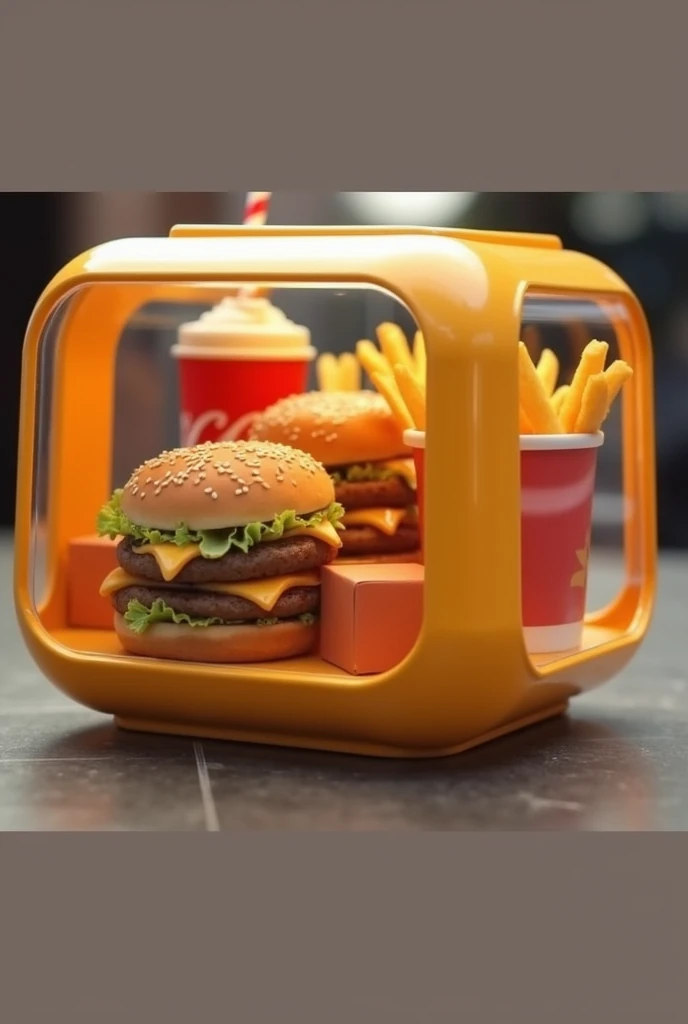 Créer moi une marque de nourriture qui s'appelle : Smart-food, ils proposent des nouritures de fast food livré dans une boite en plastique transparent, la boite edt un carré avec des bords arrondis et une ouverture,, la nourriture doit être Géométrique, avoir des formes carrés, comme un burger et des frited carrés, un coca cola carré et un McFlurry carré, a bord arrondis, toutes les nourritures sont rassembles dans un seul conteneur, les nourriture doivent etre carrés sauf les nuggets, 