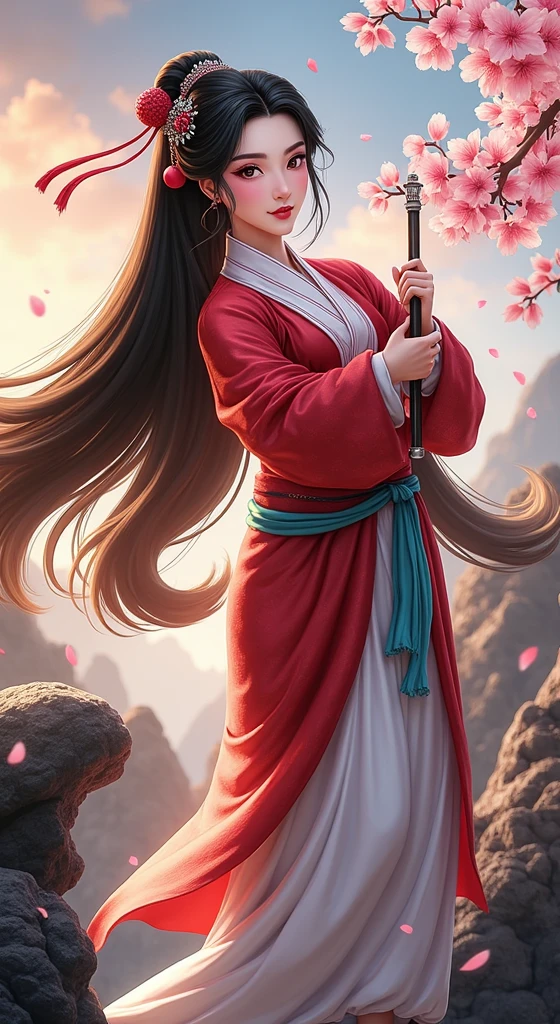 Hua Mulan is an ancient hero full of traditional Han elements,She is full of wisdom、The unwavering female hero,She took on the responsibility of joining the army for her father,Fight for the big dream。Hua Mulan's appearance is that of a kind-hearted woman who advocates practice.,Her hair color is crystal clear,Put on red brocade clothes,Show your beauty,Like a spring breeze,Impressive;His eyes were shining,Be empathetic,Extraordinary spirit;Beautiful face,Skin like coagulation,Fairy Mu Ru;There is a blush on the cheeks,Beautiful and moving;Her eyebrows are like a pair of eagle eyes,Looking through the autumn water,Extremely shrewd,handsome and dashing;Her teeth are white,like a cluster of sesame seeds,like a pearl,Shines brightly。