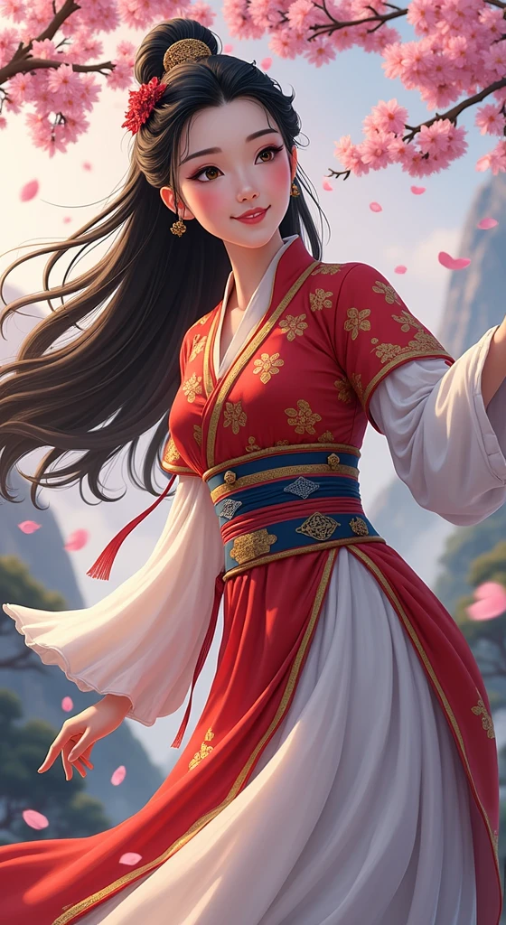 Hua Mulan is an ancient hero full of traditional Han elements,She is full of wisdom、The unwavering female hero,She took on the responsibility of joining the army for her father,Fight for the big dream。Hua Mulan's appearance is that of a kind-hearted woman who advocates practice.,Her hair color is crystal clear,Put on red brocade clothes,Show your beauty,Like a spring breeze,Impressive;His eyes were shining,Be empathetic,Extraordinary spirit;Beautiful face,Skin like coagulation,Fairy Mu Ru;There is a blush on the cheeks,Beautiful and moving;Her eyebrows are like a pair of eagle eyes,Looking through the autumn water,Extremely shrewd,handsome and dashing;Her teeth are white,like a cluster of sesame seeds,like a pearl,Shines brightly。