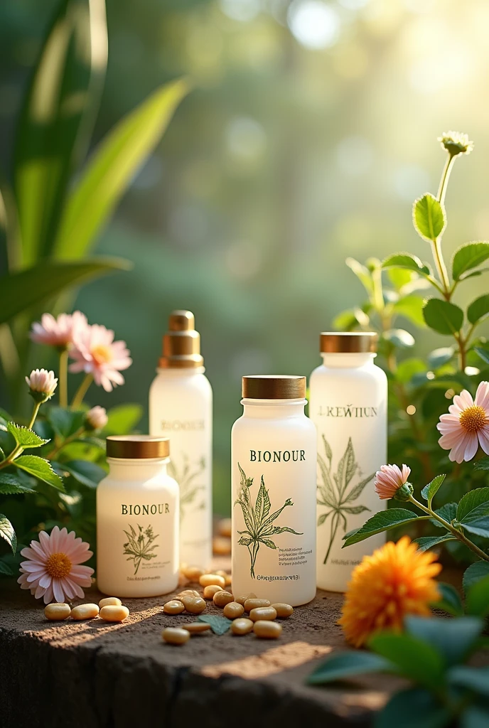 Bioluxury style image of vitamin supplements that say BIONOUR
