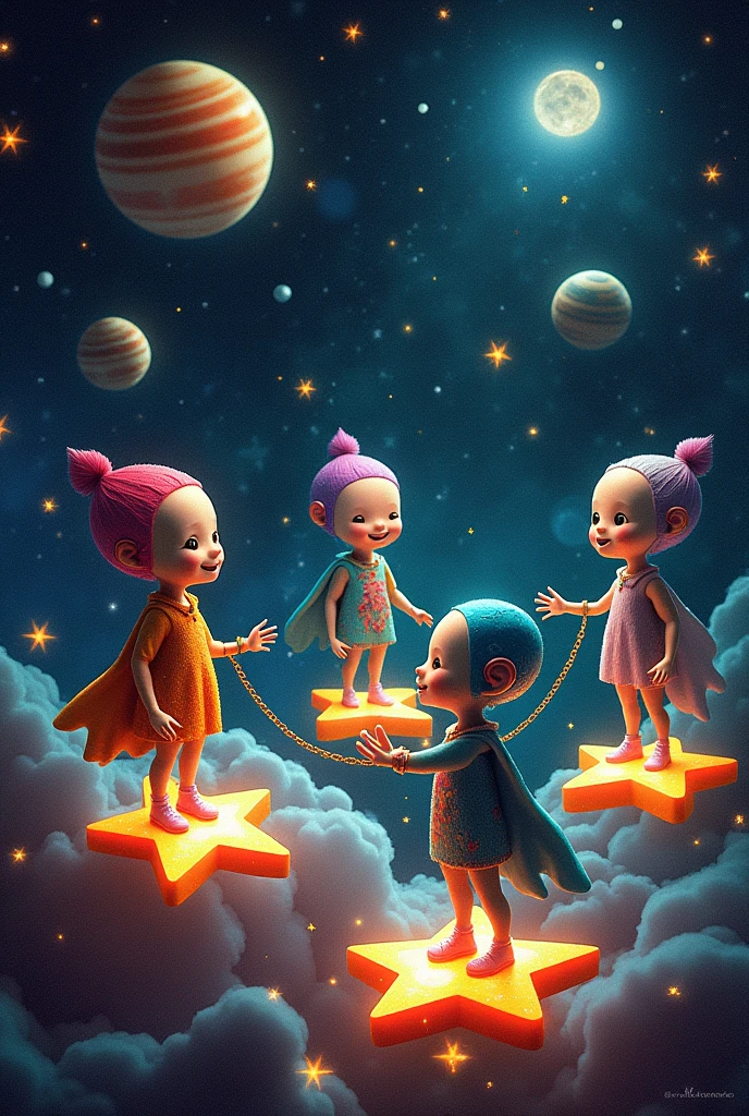 A new planet where only people play telephone . people standing on stars in space