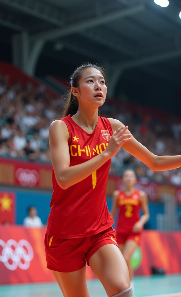 Chinese women&#39;s volleyball team，18-year-old beauty，Fair skin，Pretty Face，Olympic finals，spike，Pass，Intense and exciting，Red jersey，Olympic Games background