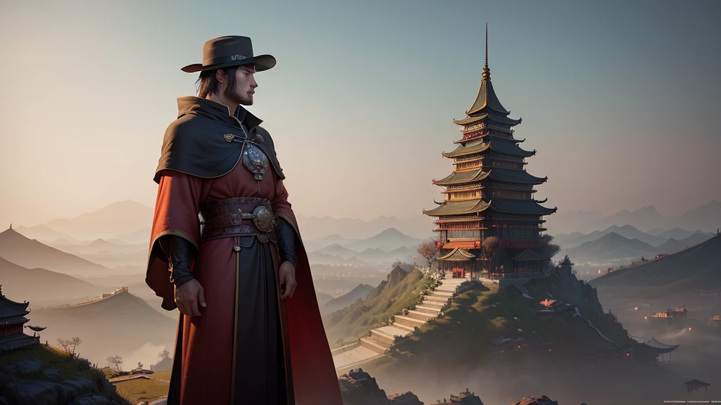 a man in a hat and cloak standing on a hill above a city, cyberpunk chinese ancient castle, beautiful render of tang dynasty, chinese fantasy, by Yang J, ross tran. scenic background, cgsociety and fenghua zhong, by Raphael Lacoste, style of raphael lacoste, traditional japanese concept art, dreamland of chinese, chinese three kingdoms