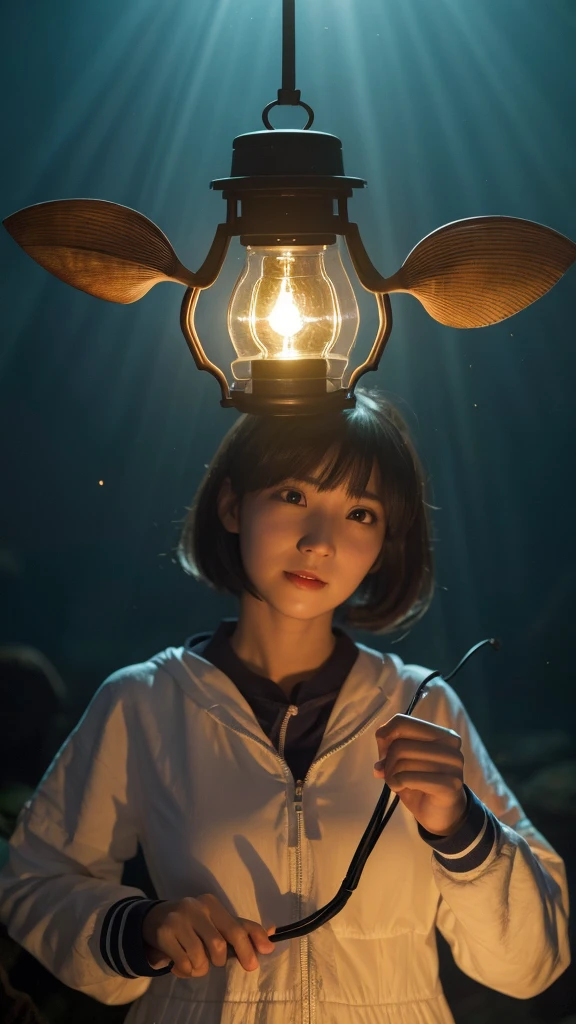 A female anglerfish with a lantern-like light on its large head.。