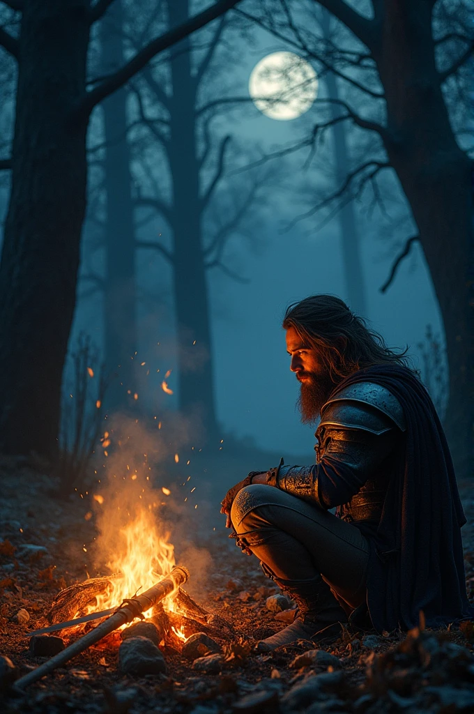 Generate desktop wallpaper of a Weary warrior resting near bone fire at night