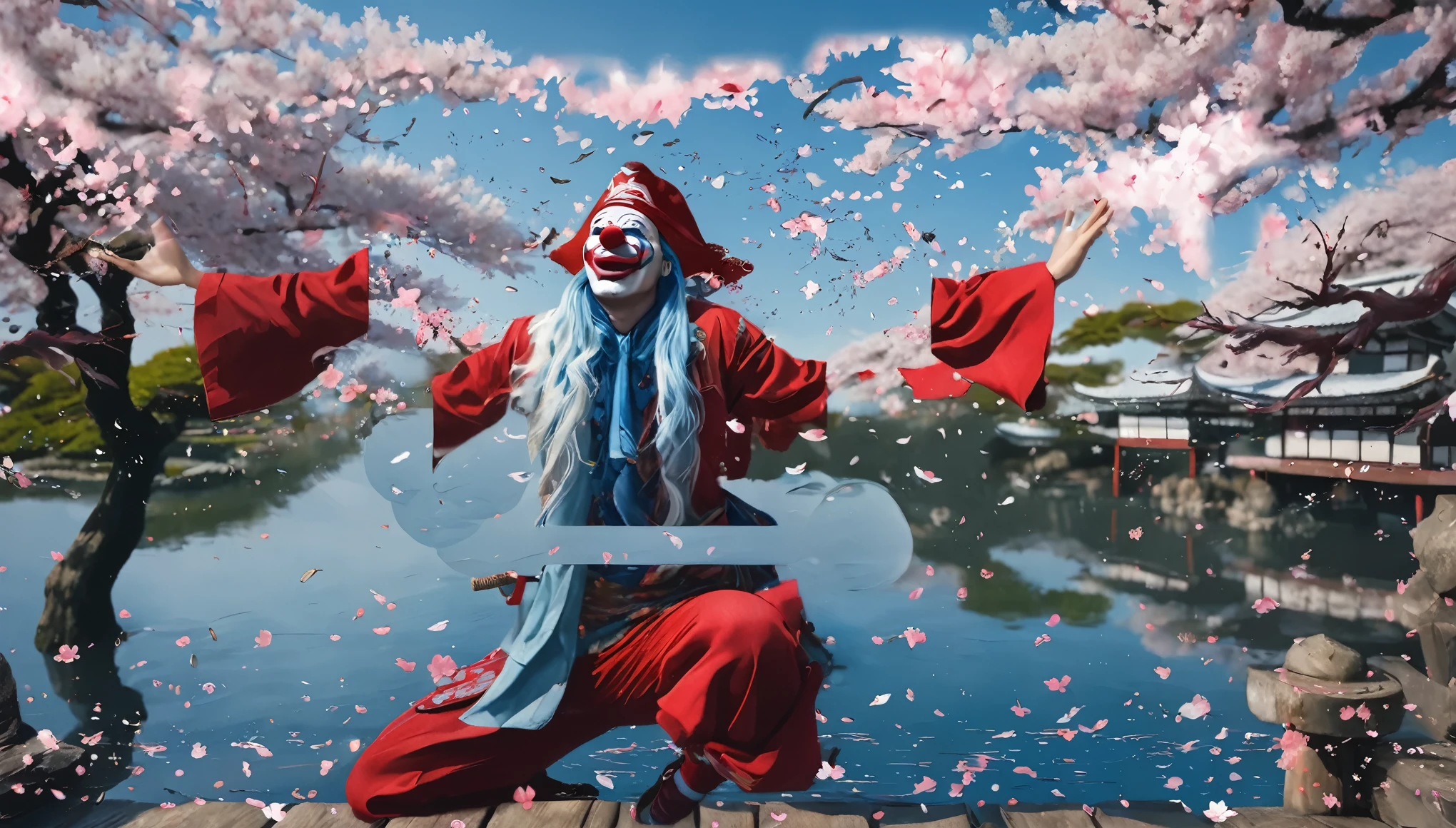 masterpiece, best quality, extremely detailed, hyperrealistic, photorealistic, a cool 40s man, ultra detailed face, clown makeup, red pirate hat, white skin, red nose, blue long hair, from above, japanese style garden:1.2, cherry blossoms, raising hands, dynamic posing