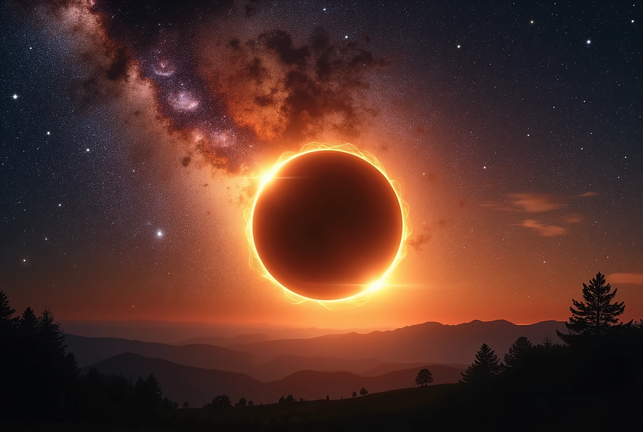 Un sublime ciel étoilé avec la voie lactée qui se devoile lors d'une eclipse totale de soleil, couronne solaire,  protubérance solaire