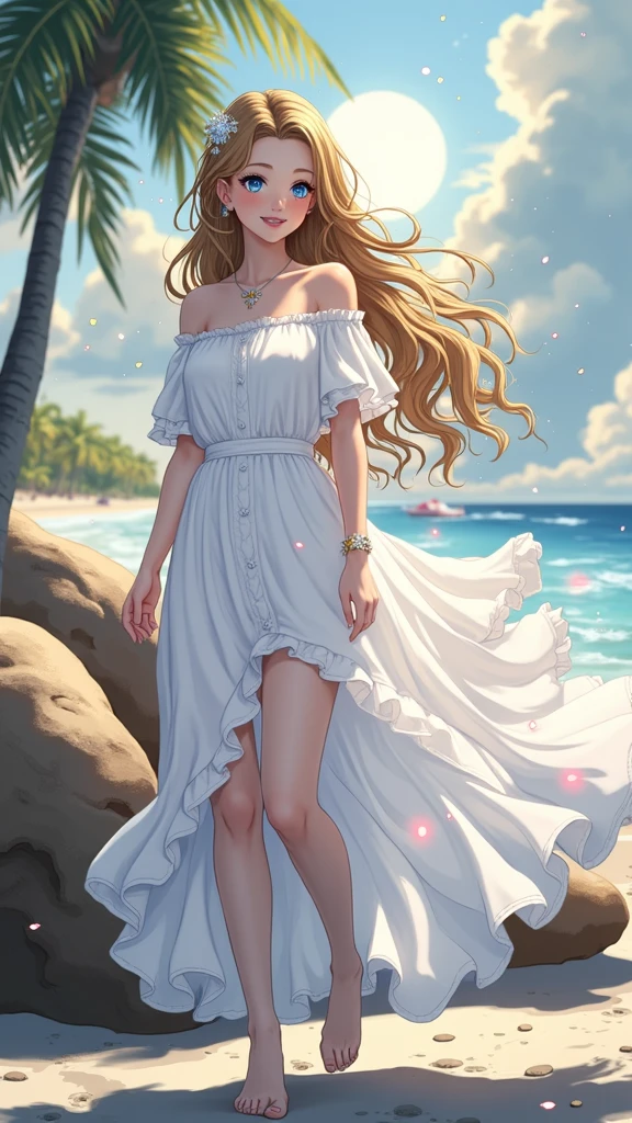 (masterpiece、Highest quality、8k、High resolution)、(The best beautiful girl)、Best Style、(The most beautiful face)、Clear skin、Clean blue eyes、Beautiful lips、smile、Beautiful white upper teeth、Beautiful nose、Blonde Hair、Ample breasts、Walking on the sand、look back、Ocean、You can see the forest、A bright night with stars visible、Beautiful starry sky、full moon、milky way、(体whole bodyから神秘的な光の粒子、Colorful Light)、(jewelry、necklace)、dress、(whole body)、Highly detailed anime art、A complete portrayal、Detailed CG、