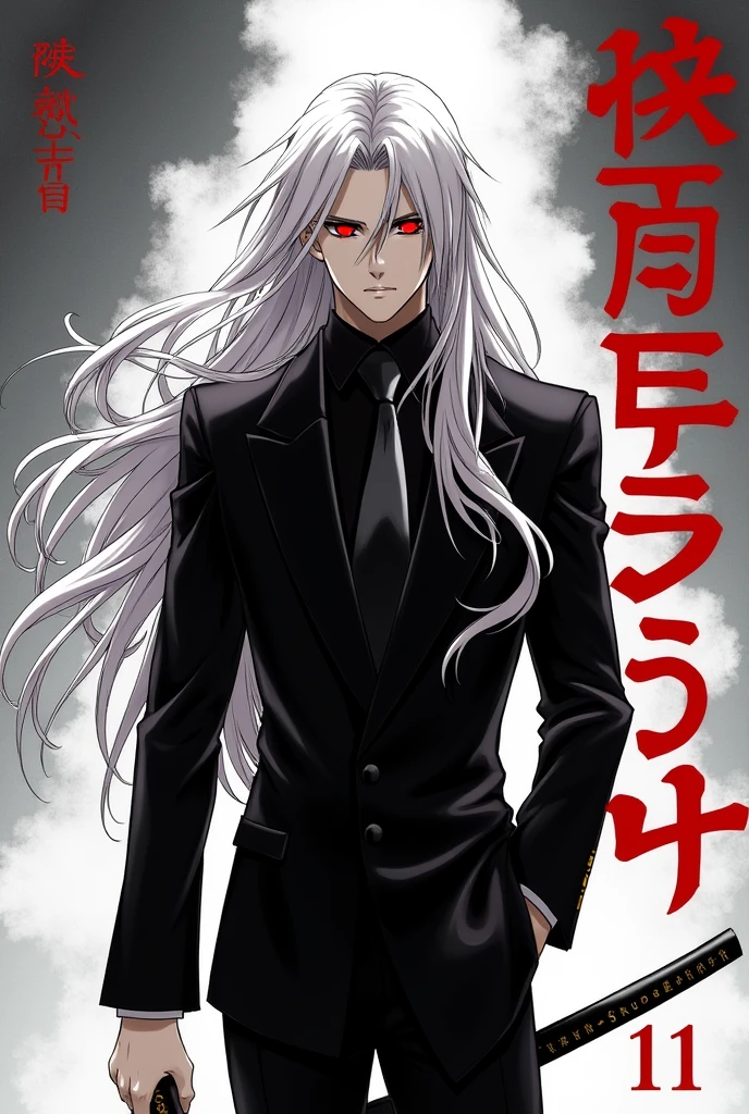 (Manhwa:3:2) Manhwa Cover, Text on screen, I Died and Reincarnated as a Shinigami, White Long Hair, Red Eyes, Man, Black Suit, Katana on Hip