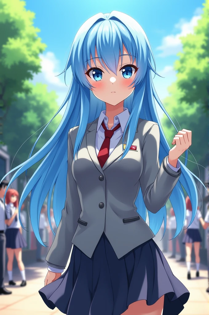 Bnha anime girl long sky blue hair and bright blue eyes gray school uniform