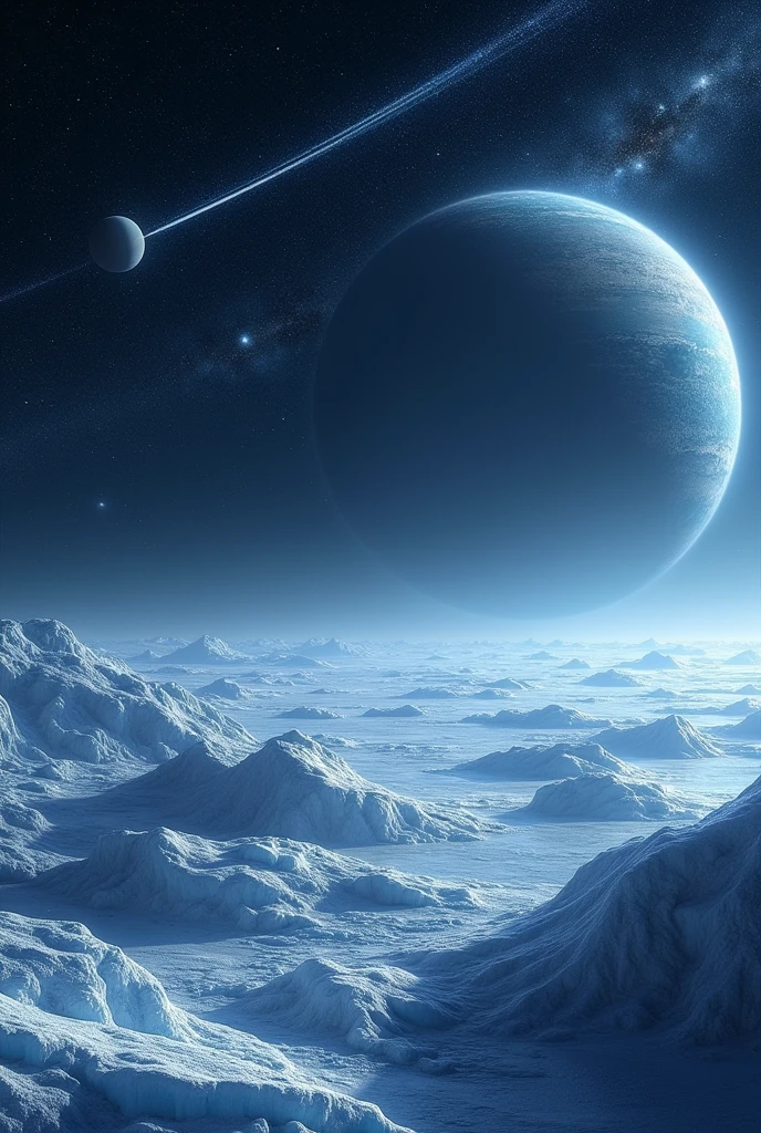 **Water in Space**: Depict ice-covered moons like Europa with a subsurface ocean, and icy comets traveling through space.
