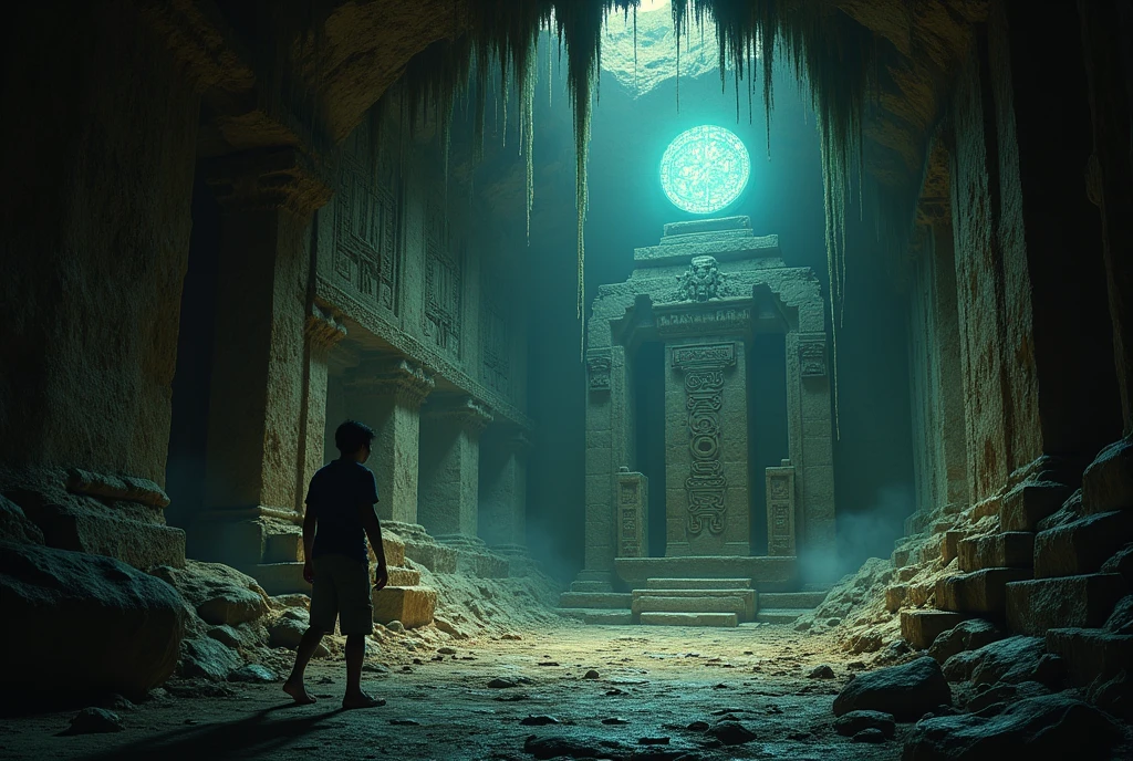 Show Aditya inside the cave, discovering an old temple with an intricate, ancient device or artifact. The temple should be illuminated by the glow from the device, revealing strange symbols and complex designs