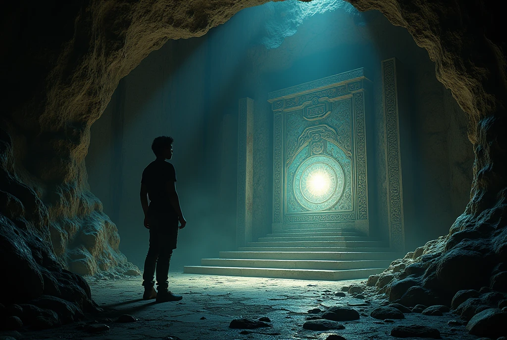 Show Aditya inside the cave, discovering an old temple with an intricate, ancient device or artifact. The temple should be illuminated by the glow from the device, revealing strange symbols and complex designs