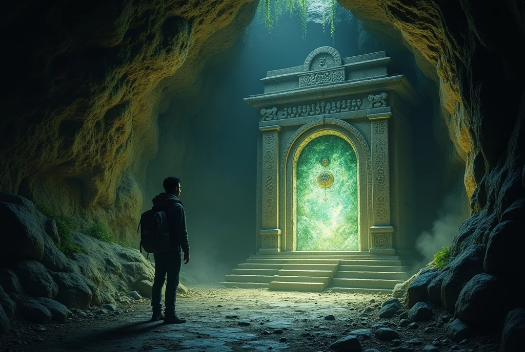 Show Aditya inside the cave, discovering an old temple with an intricate, ancient device or artifact. The temple should be illuminated by the glow from the device, revealing strange symbols and complex designs