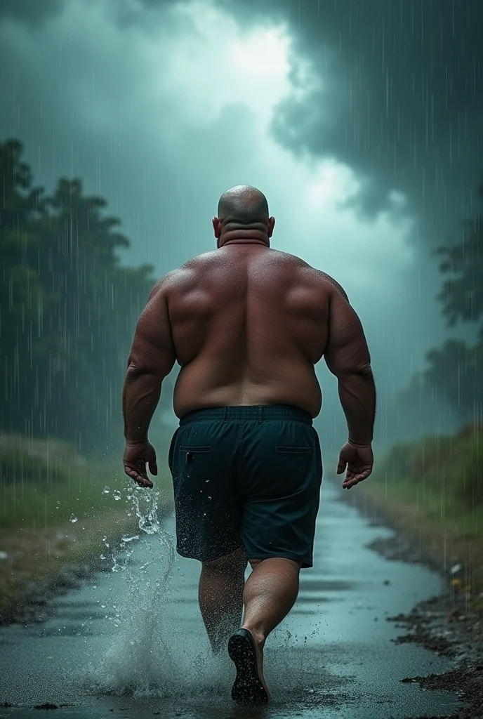 Generates a very strong, slightly fat, bald man walking in a storm with his back turned without a shirt