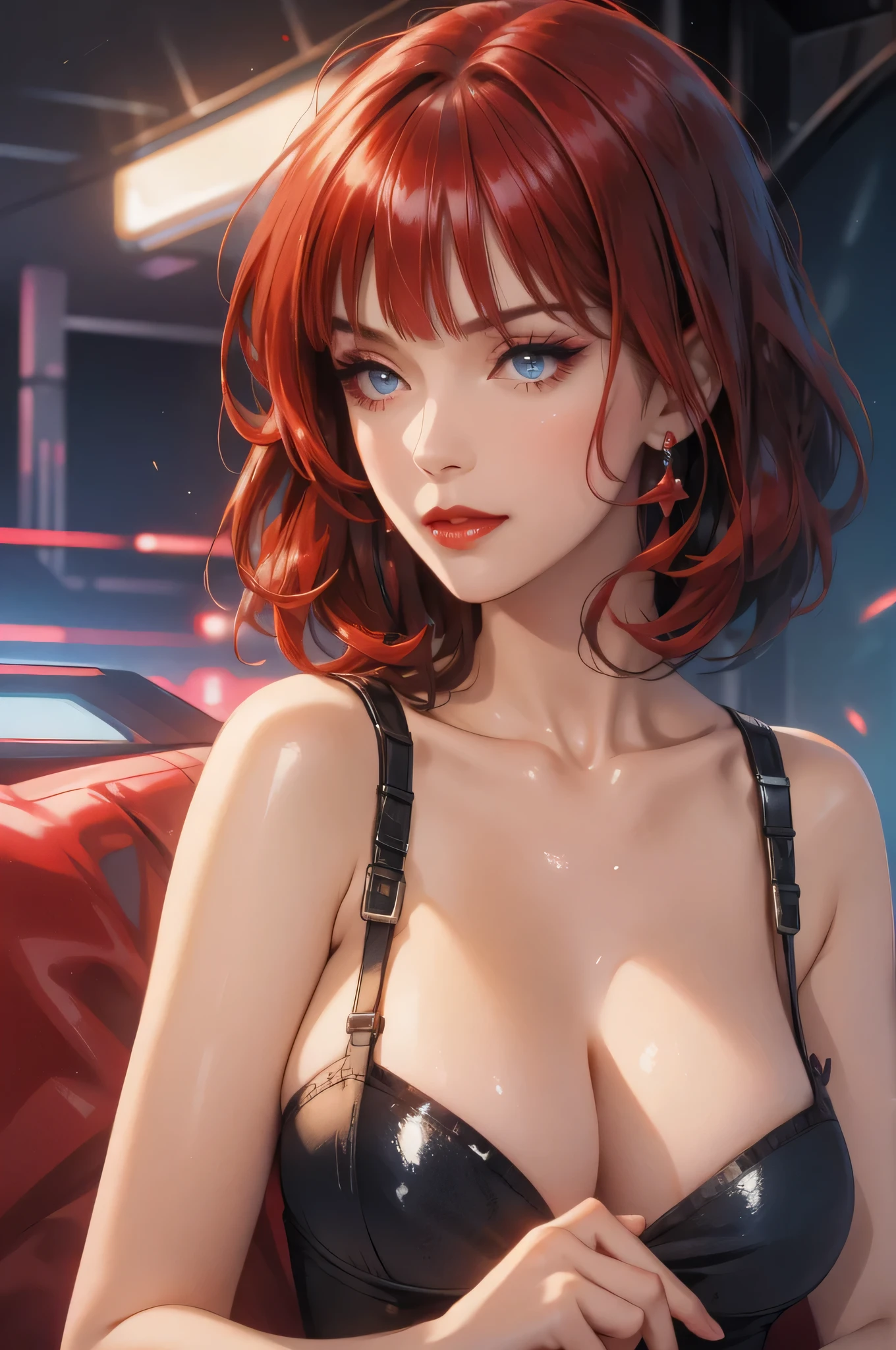 1girl,a beautiful fashion model ,(masterpiece, detailed background, best quality),short and shiny hair, red hair, hair with highlights, bangs, smirk,juicy lips,red lips, calmart, lingerie, stripping, elegant makeup, blue eyes, full body shot, (shiny skin), cyberpunk, sci fi, boa, extravagant jewelry, cocky expression, covered in jewelry, fancy, white dress