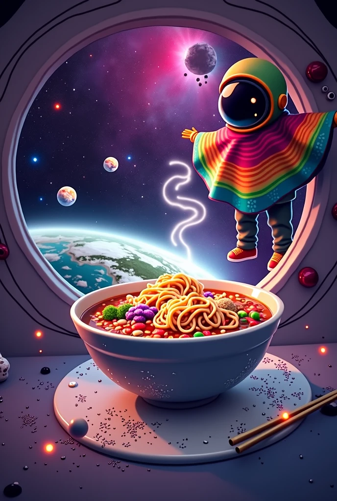 Mexican astronaut sitting in the cabin of a spaceship with a view of outer space towards the earth surprised by a bowl of ramen floating in zero gravity fantasy style