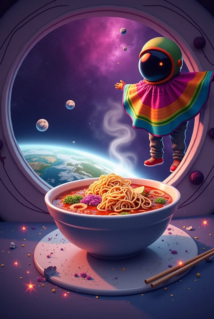 Mexican astronaut sitting in the cabin of a spaceship with a view of outer space towards the earth surprised by a bowl of ramen floating in zero gravity fantasy style