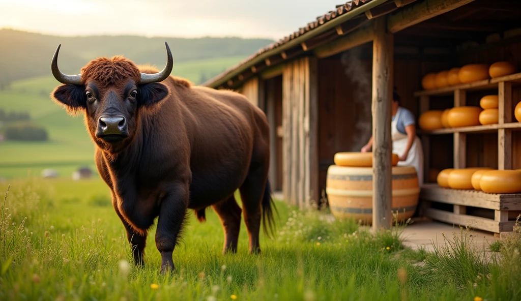 a buffalo standing in a lush green field, detailed texture of buffalo fur, close-up shot of buffalo face, beautiful detailed eyes, beautiful detailed nose, beautiful detailed mouth, small farm with wooden barn, rolling hills in the background, artisanal cheese making process, woman wearing apron mixing cheese curds, aged cheese wheels on wooden shelves, warm lighting, rustic interior, steam rising from cheese vats, (best quality,4k,8k,highres,masterpiece:1.2),ultra-detailed,(realistic,photorealistic,photo-realistic:1.37),pastoral landscape,food photography,cinematic lighting,warm color tones