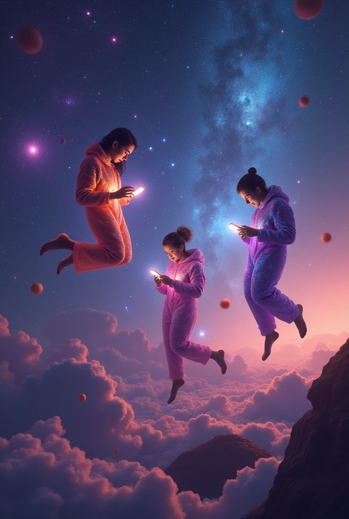 A new planet where only people play smartphone. people standing on stars in space