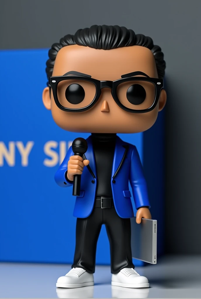 Create a Funko pop of a man with short hair on the sides, black frame glasses, Black turtleneck long sleeve sweater and a royal blue blazer with a black lapel, black pants, Alexander McQueen white shoes, In his hand he must have a journalistic microphone and in the other hand an open laptop. The Funko must be presented outside of a blue box. "limited edition, that bears the name "Tony Silva" The box must allow viewing of the Funko, serif typography, The rendering must be in 3D with a photography studio background