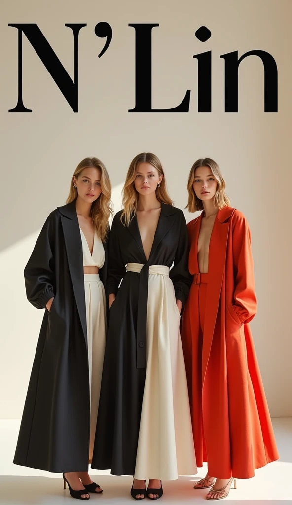Create a fashion poster for the brand N'Lin, showcasing its chic and trendy style. The poster should appeal to young women aged 25-30, highlighting the brand's focus on fashionable and contemporary designs. Use a sleek and modern aesthetic with high-quality visuals that exude sophistication and style. Incorporate elements like bold typography, elegant models, and a clean layout that reflects the brand's identity as a leader in high-end fashion for young, stylish women. The overall design should convey a sense of exclusivity, confidence, and cutting-edge fashion.