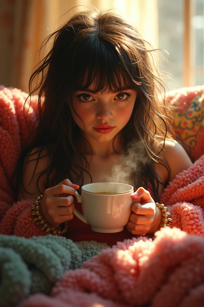 Photorealistic, Punky girl, long flowing disheveled hair and stray tendrils, perfect features, expressive eyes, flirty and mischievous, sitting in big fluffy bed  drinking coffee, all attention focused on her morning coffee, magical and vibrant, sun shinning through window, octane render, intricate details, masterpiece art,, Carne Griffin, Jasmine Beckett Griffith