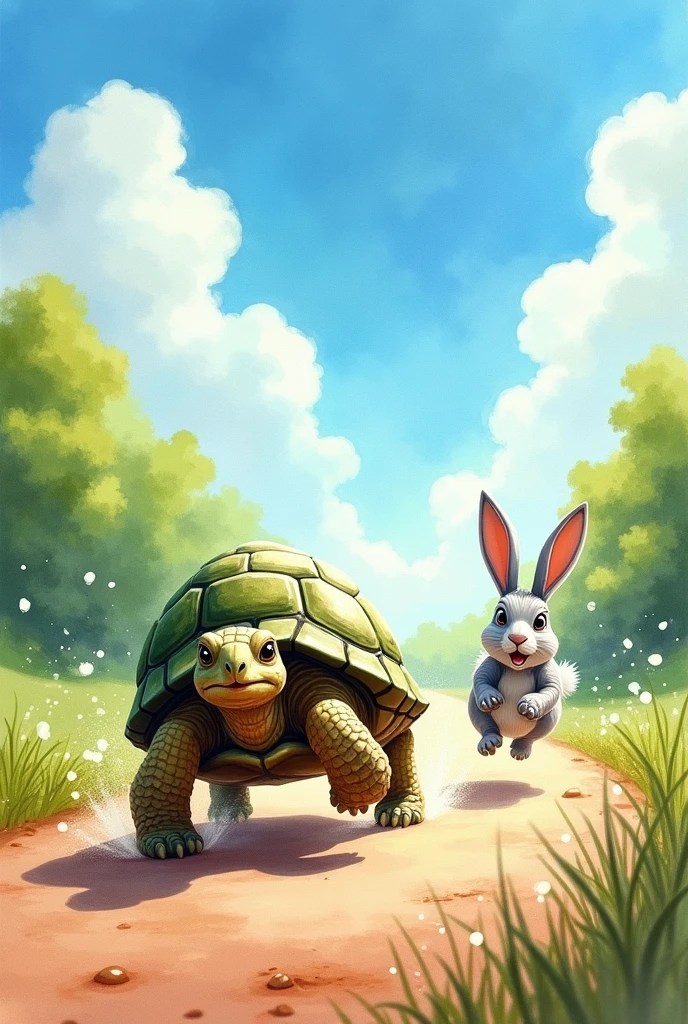 generates an image of a racing competition frame, and the tortoise reaching the goal but the hare behind trying to catch up with it, let it be in a watercolor style drawing for children but leave a large space in the middle for the text



