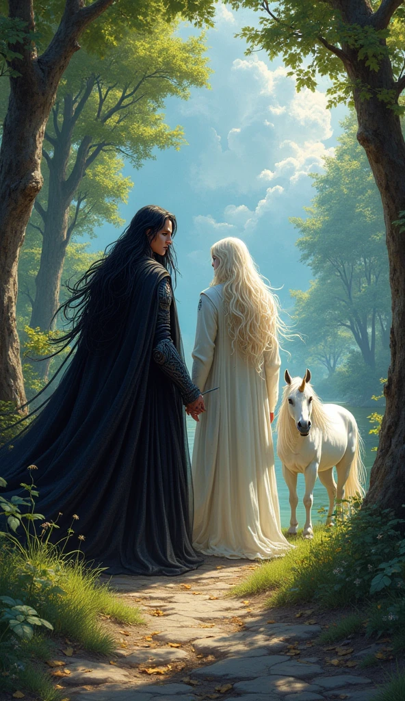 In the village, the story of Vortex, a black-coated man with long black hair, Mirage, a wizard with long platinum blonde hair (male:2), and a unicorn has been passed down for generations. In the village square, a painting is displayed depicting Vortex with long black hair, Mirage with platinum blonde hair, and a shining unicorn standing together in a sacred forest. The villagers gather around the painting and tell each other stories of how the heroes saved them from the forces of darkness.